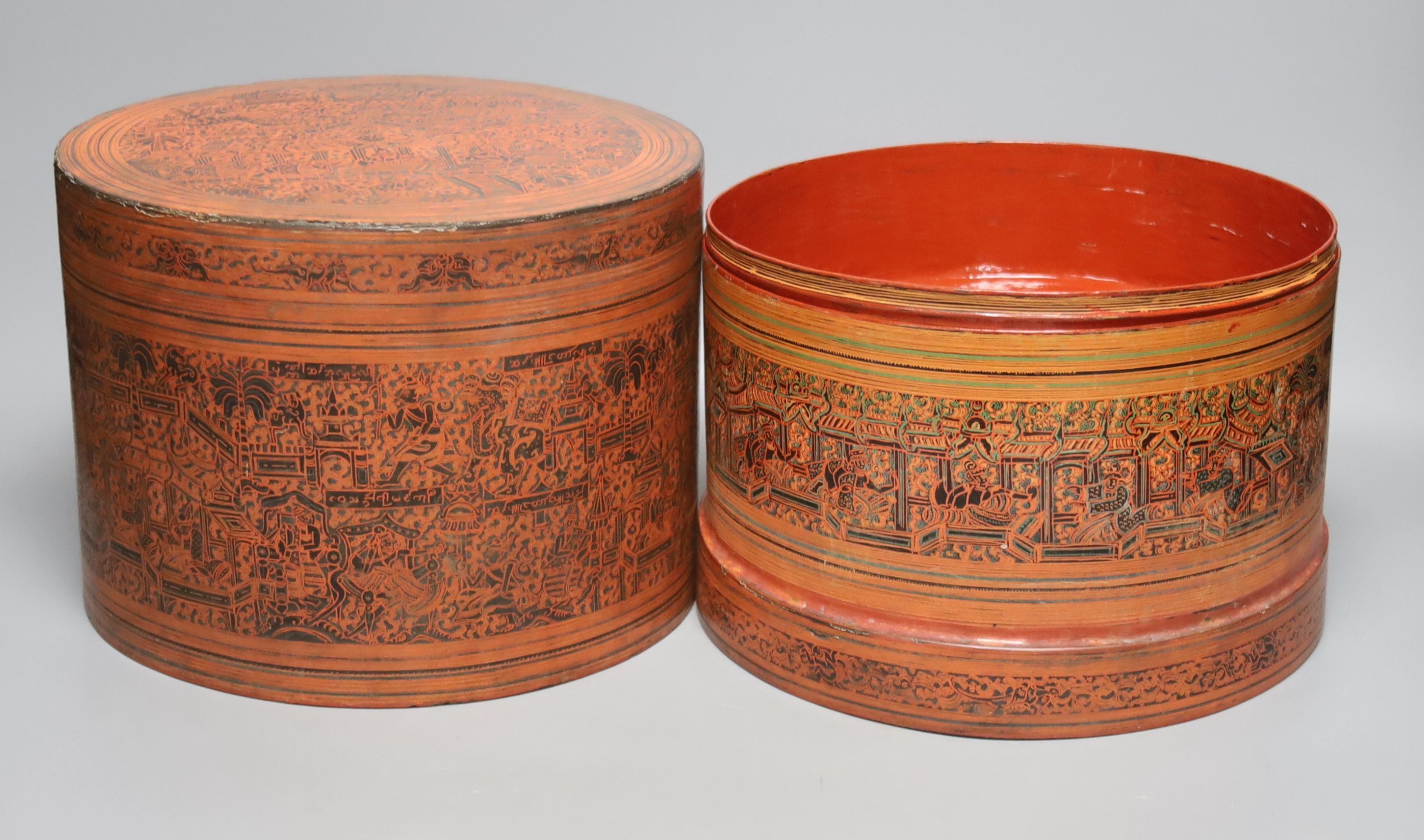 A large Burmese red and black lacquer betel box and cover with internal tray, late 19th century, 22cm